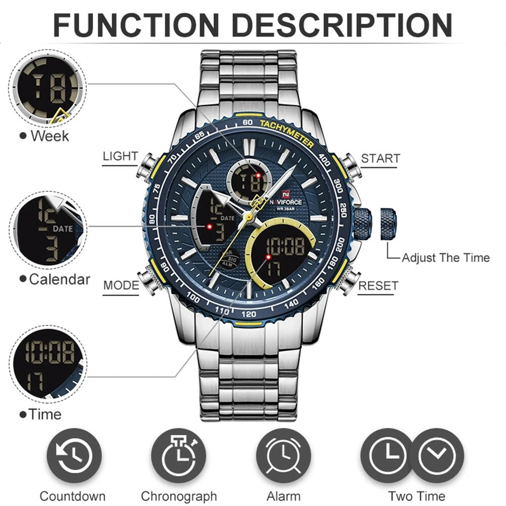 NAVIFORCE Men Sport Watch Big Dial Chronograph Quartz Wristwatch Steel Watches