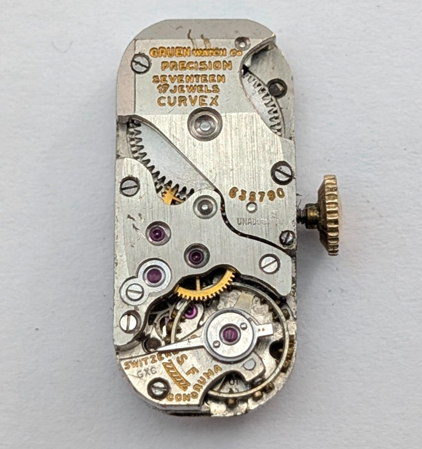 GRUEN Precision Curvex Conoruma 17j Vintage 10mm Watch Movement PARTS or REPAIR
