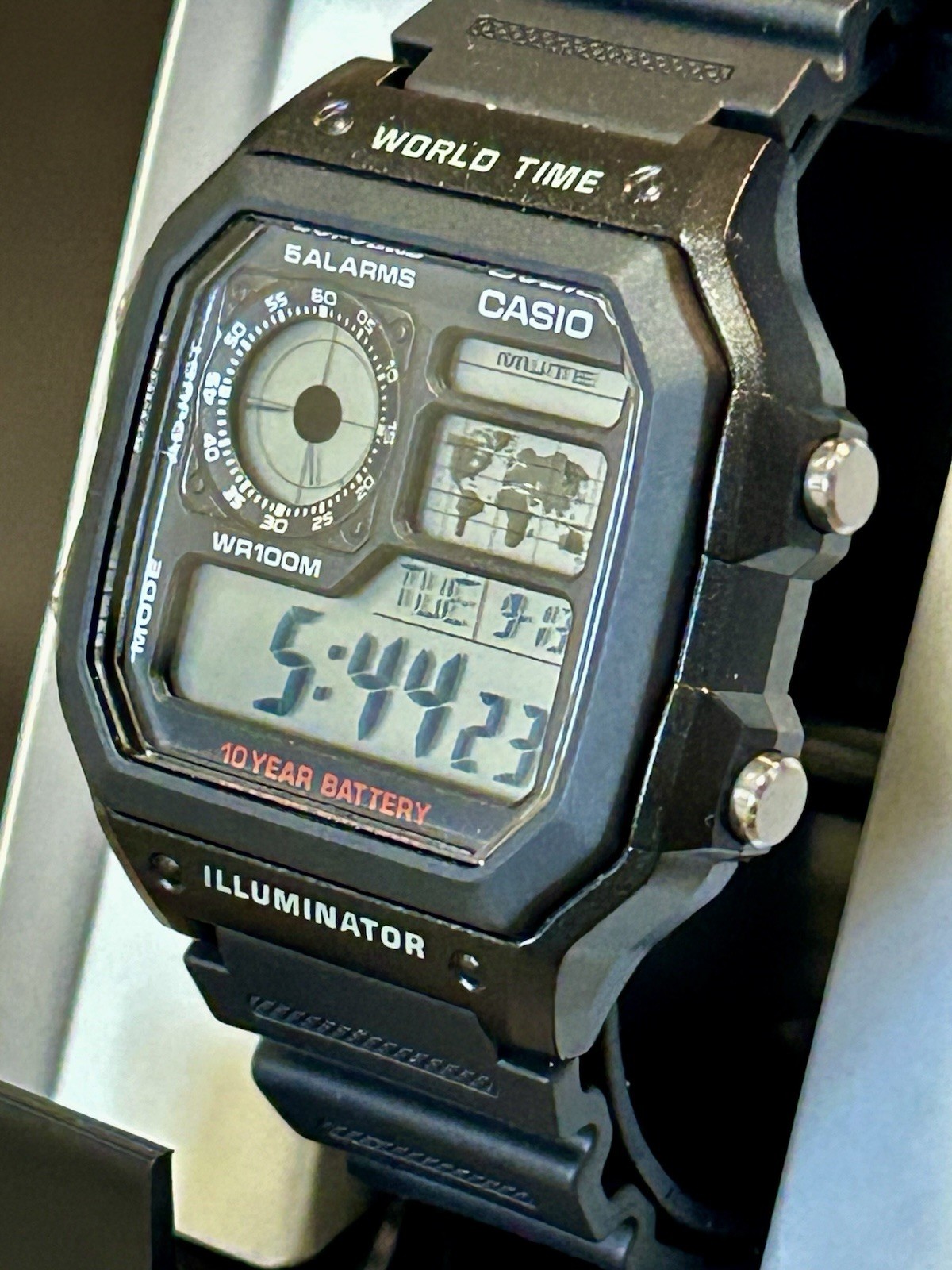 Casio World Time, 45mm, 8.5”, New Never Worn, In Box/Papers