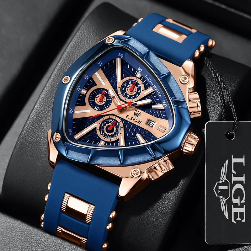 LIGE Fashion Men Watch Triangle Chronograph Military Wristwatch Sport Army Mens