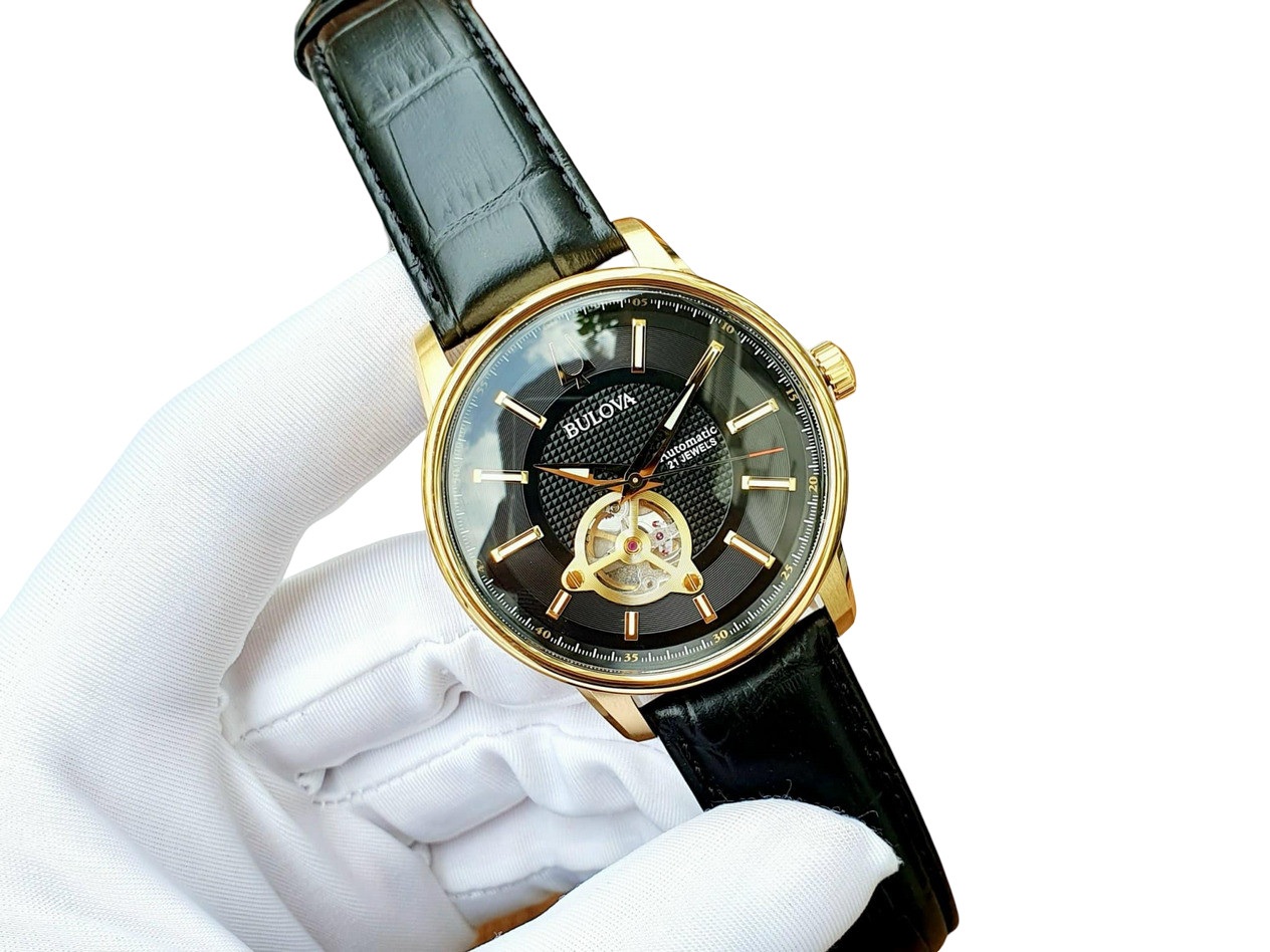 Bulova Automatic Gold Tone Black Dial Leather Band Men’s Watch 97A166