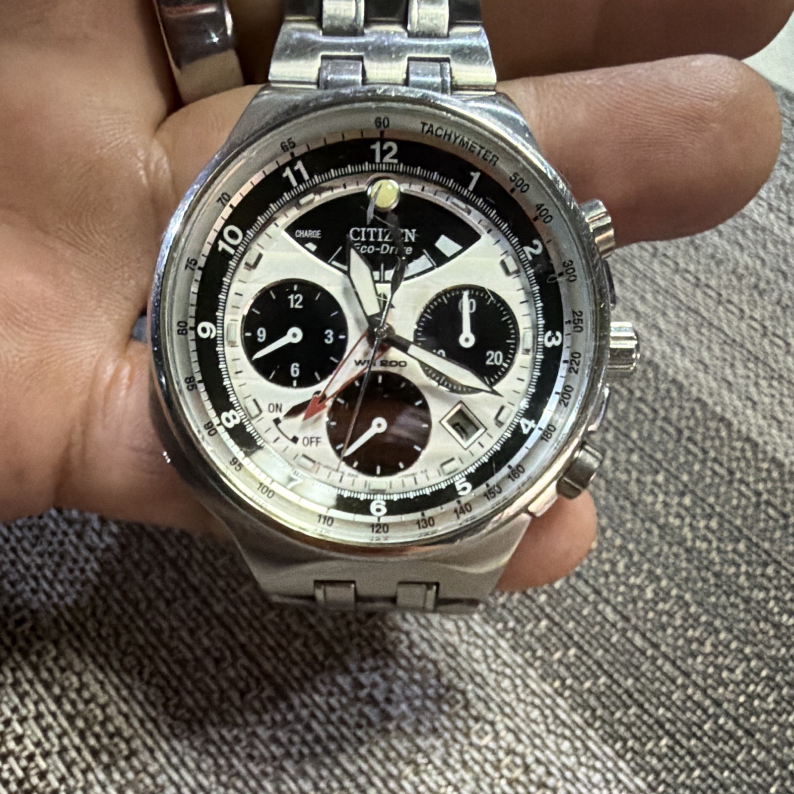 Citizen Eco-Drive Chronograph Date Tachymeter WR100 Silver SS Bracelet Watch
