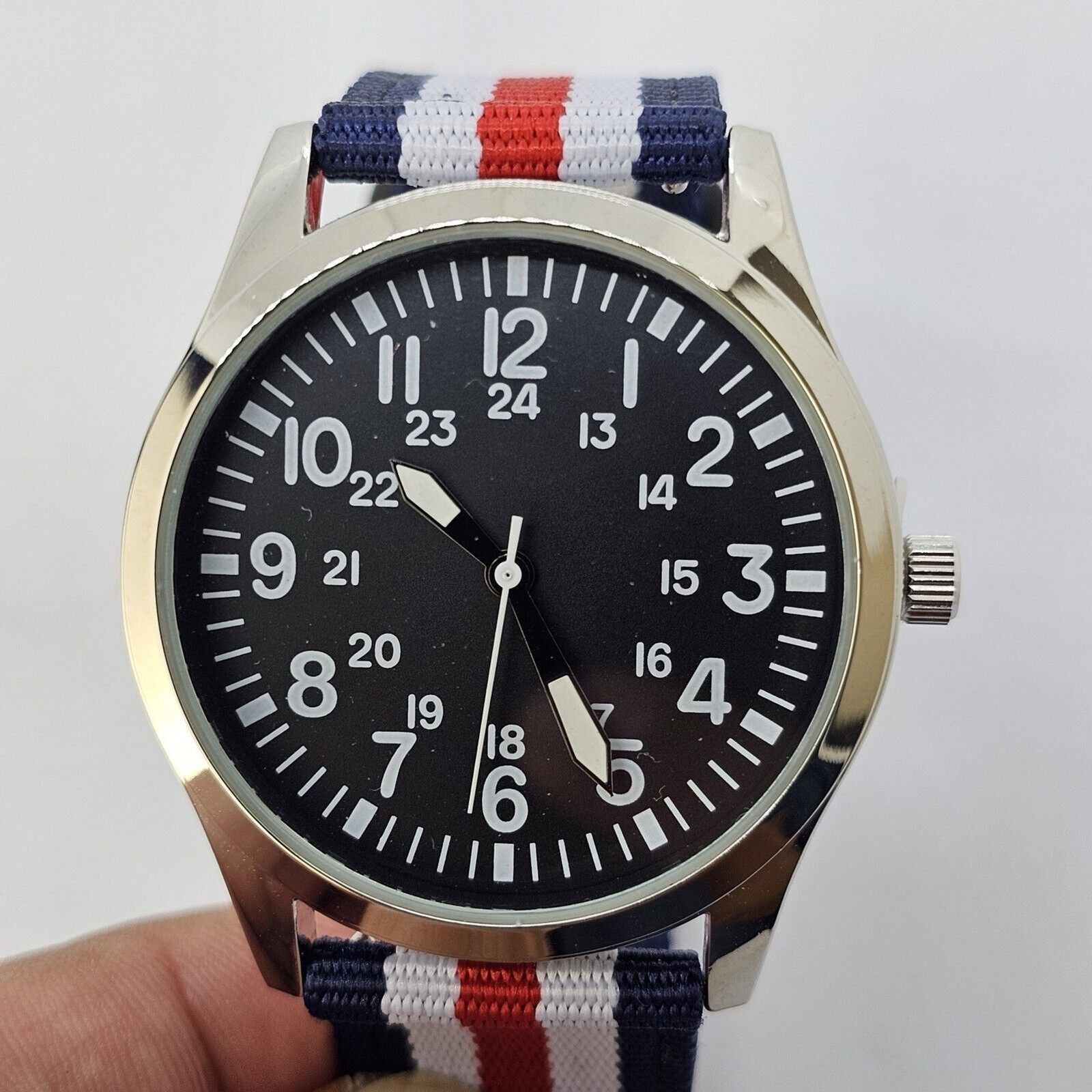 Men’s Field Military Watch 42MM Black Dial Blue White Red Canvas Band Straps