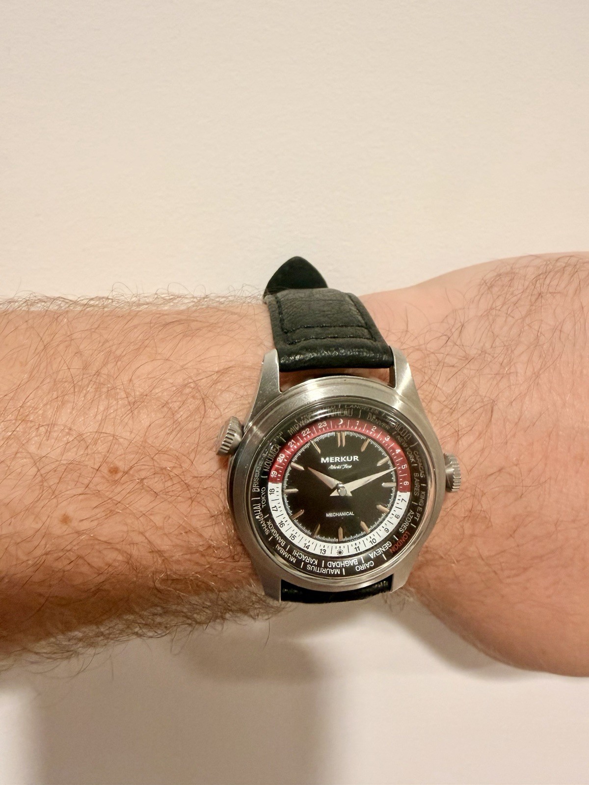 Merkur Worldtime Manual Wind Watch Mineral Crystal, 38.5MM/20MM/13MM