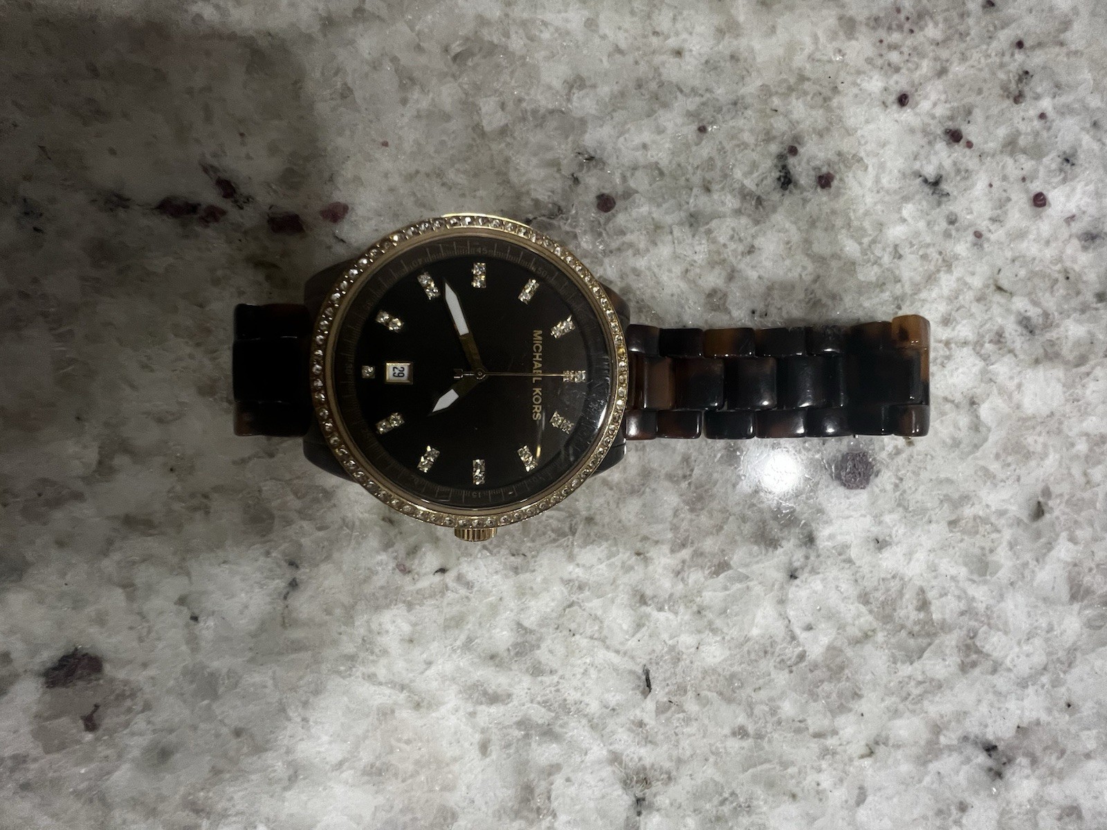Michael Kors Women’s Quartz Watch Black Dial Crystal Bezel Brown Resin 39mm