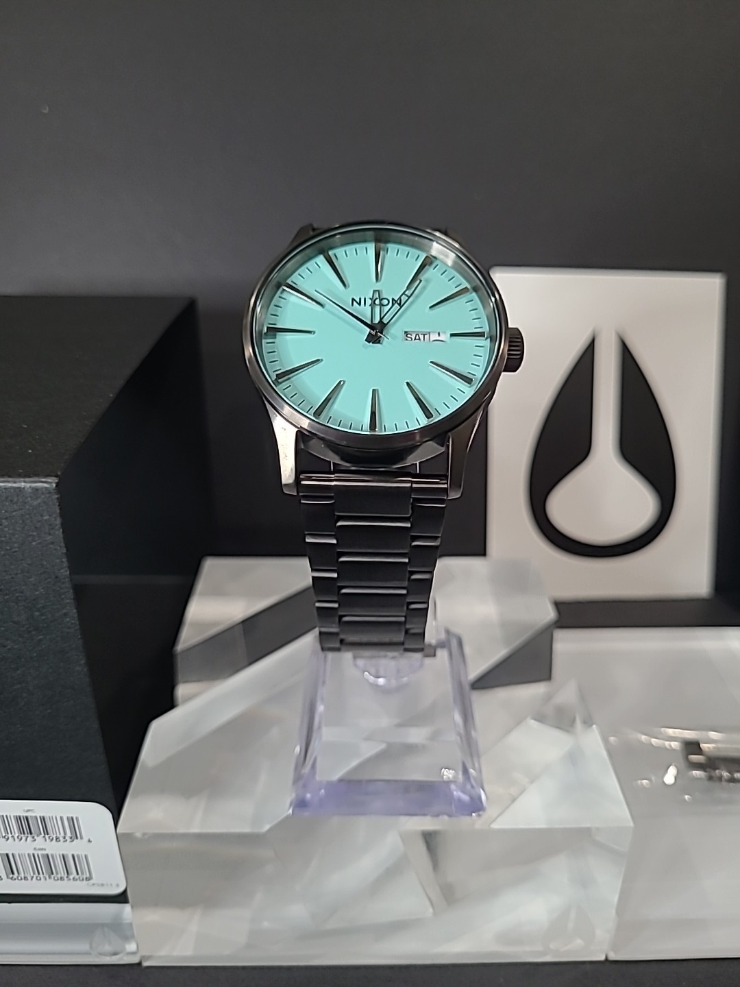 CUSTOM Nixon Sentry Quartz Watch Black Brushed/ Turquoise A105-2800.