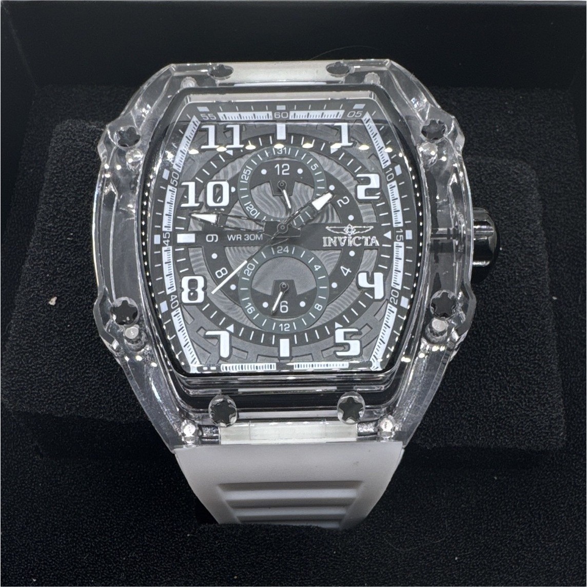 Invicta Men’s Quartz Chronograph Analog Clear Plastic Case White Rubber 52mm