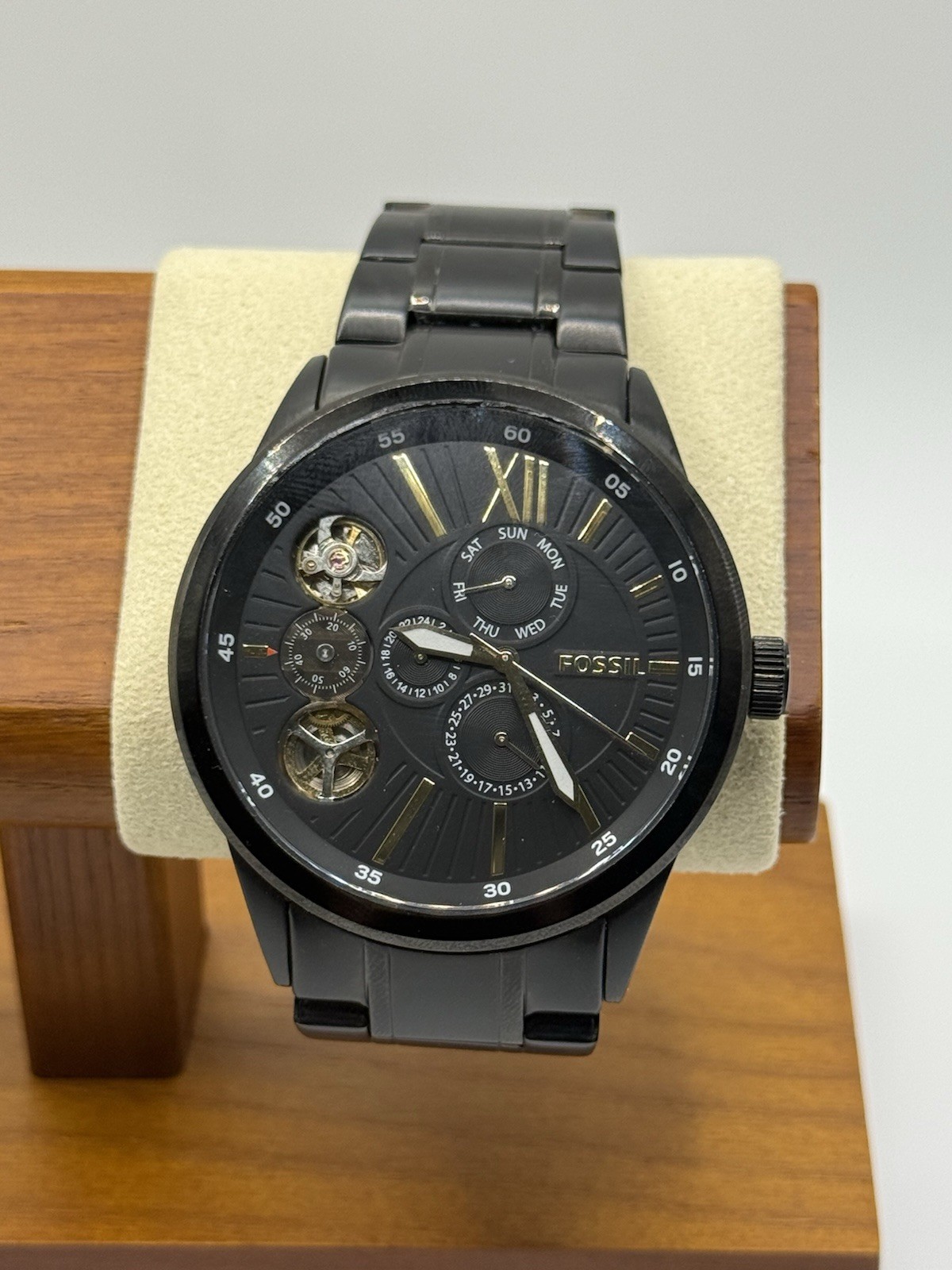 FOSSIL MEN’S AUTOMATIC BQ2220 hybrid BLACK SS BRACELET DAY/DATE MULTI-DIAL 50M