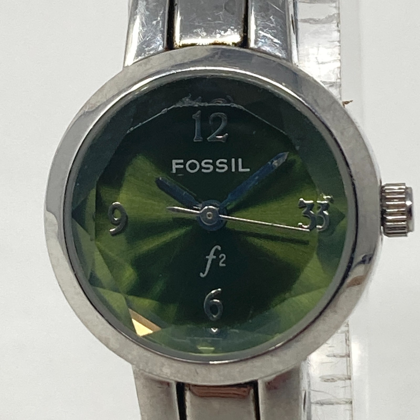 Fossil F2 Womens Watch 22mm Silver Tone Green Dial Faceted WR New Battery 6.25″