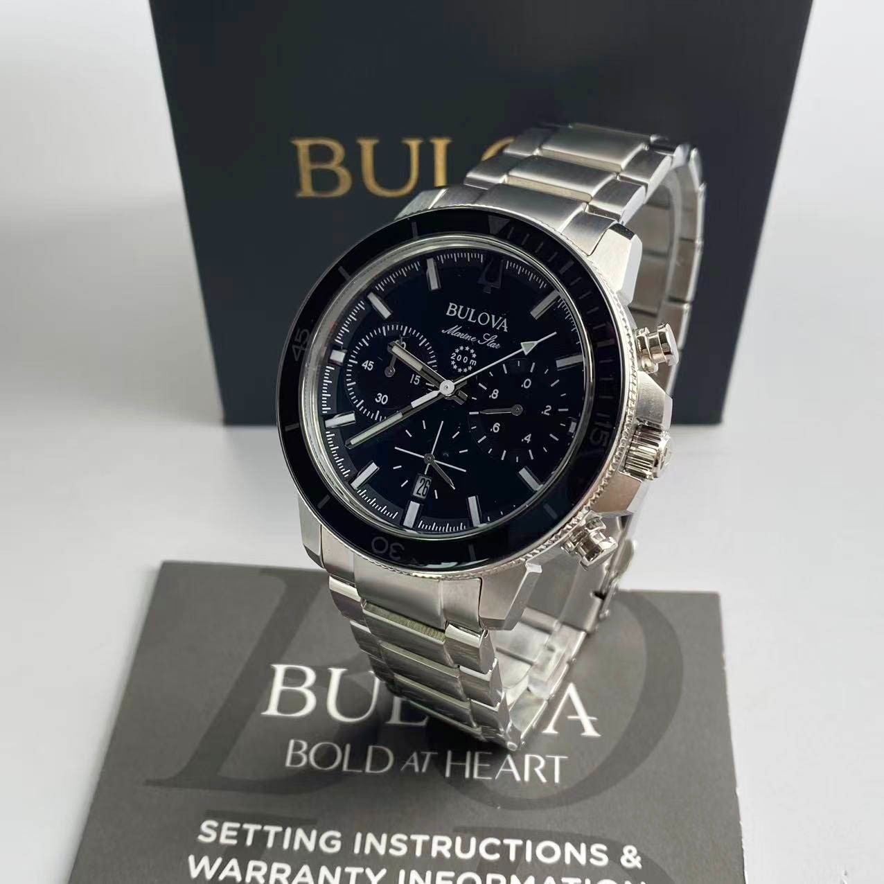 New Bulova Marine Star 96B272 Black Dial Stainless Steel Men’s Quartz Watch 45mm