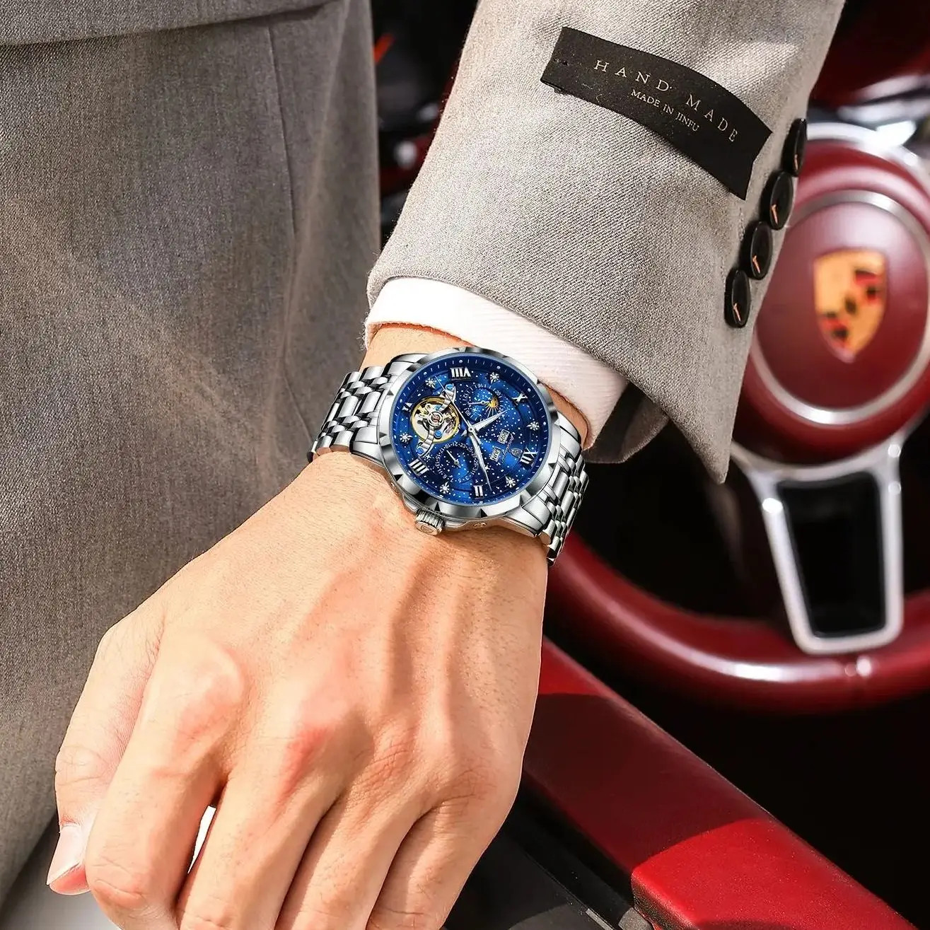 Luxury Men’s Steel Automatic Mechanical Watch, Tourbillon and Case