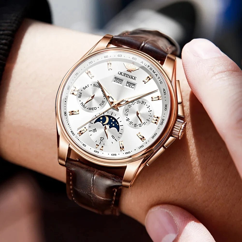 Automatic Mechanical Waterproof Watch Moon Phase Luxury Dial Men’s Men Strap