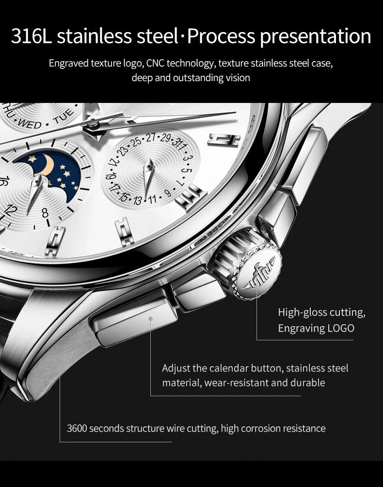 Automatic Mechanical Watch Waterproof Moon Phase Luxury Dial Men Men’s Strap