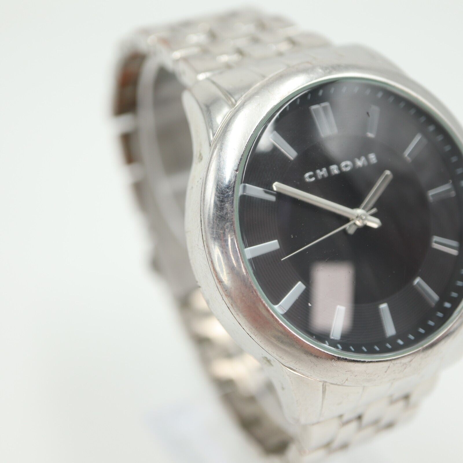 Chrome Mens Watch 45mm Silver Tone Black Gray Dial Stainless Steel w New Battery