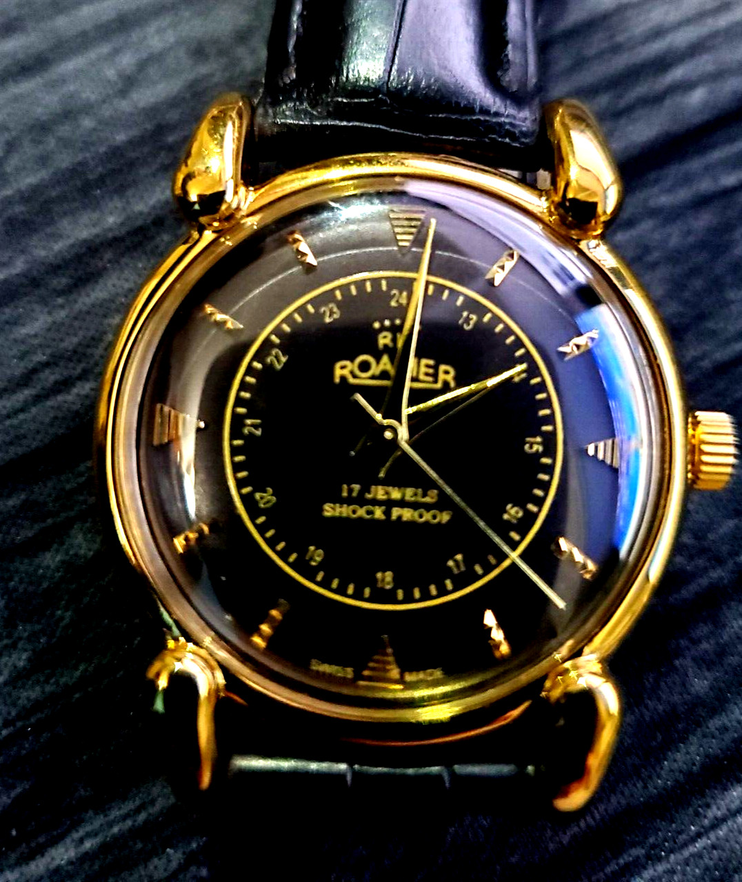 RARE Roamer Shock Proof Mechanical Swiss Watch Restored Serviced GLD-BLK-BLK
