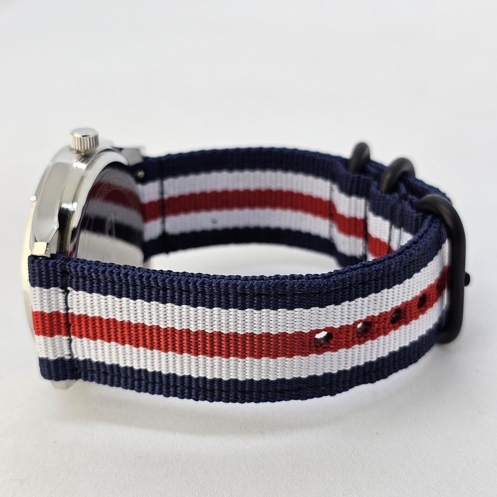 Men’s Field Military Watch 42MM Black Dial Blue White Red Canvas Band Straps