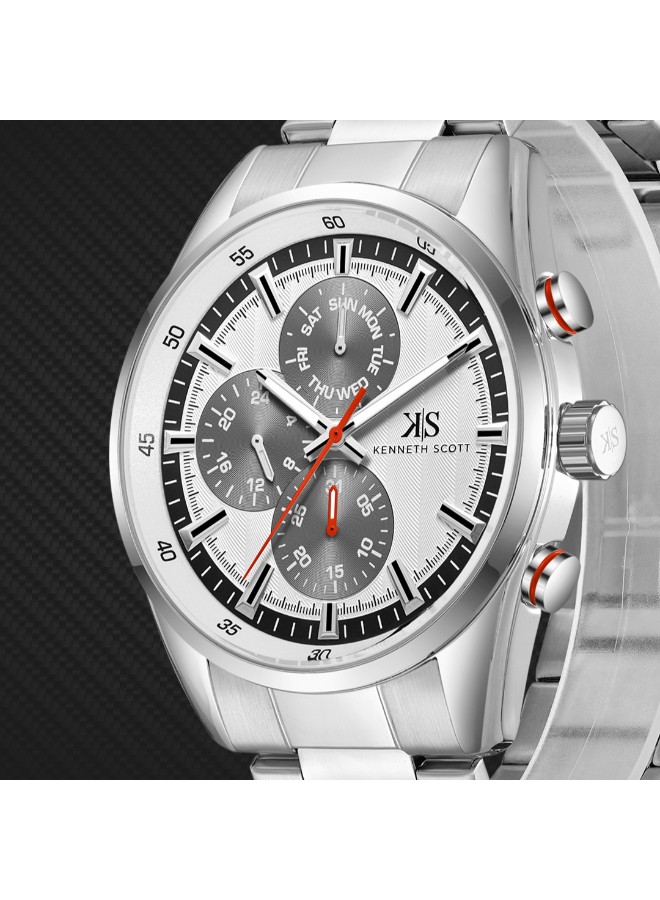Kenneth Scott Men’s Multi Function Watch | White Dial, 47mm, 30 m (3 ATM)