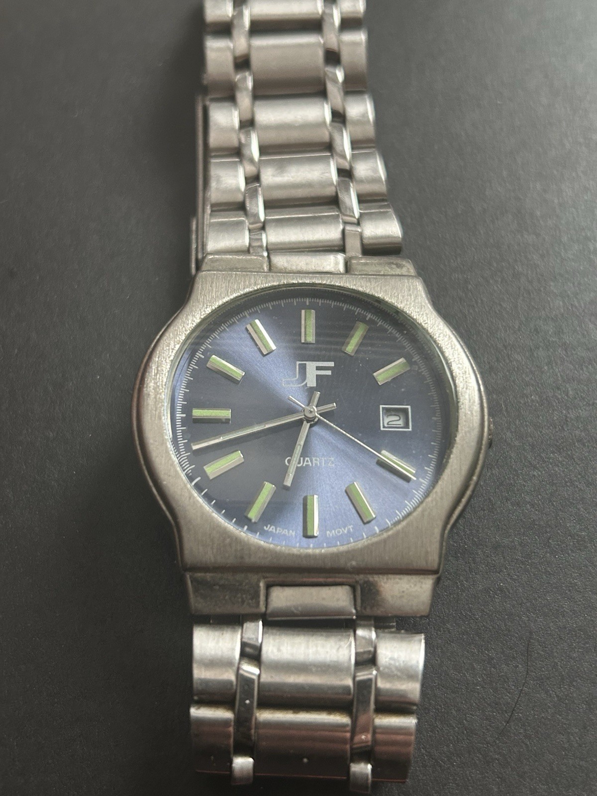 JF Unisex Quartz Analog Date Watch Blue Sunburst Dial Silver Steel Bracelet