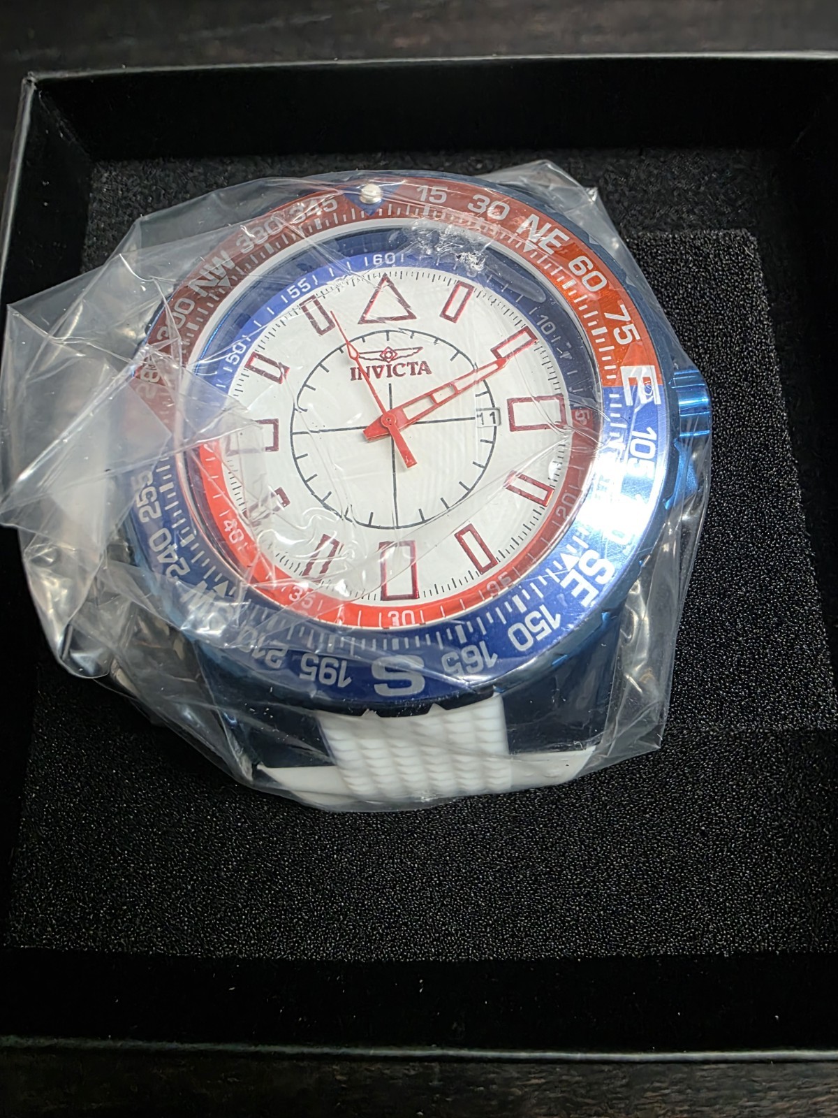 Invicta Mens 50mm Aviator Quartz White/Blue/Red Tone 100m Silicone Strap Watch