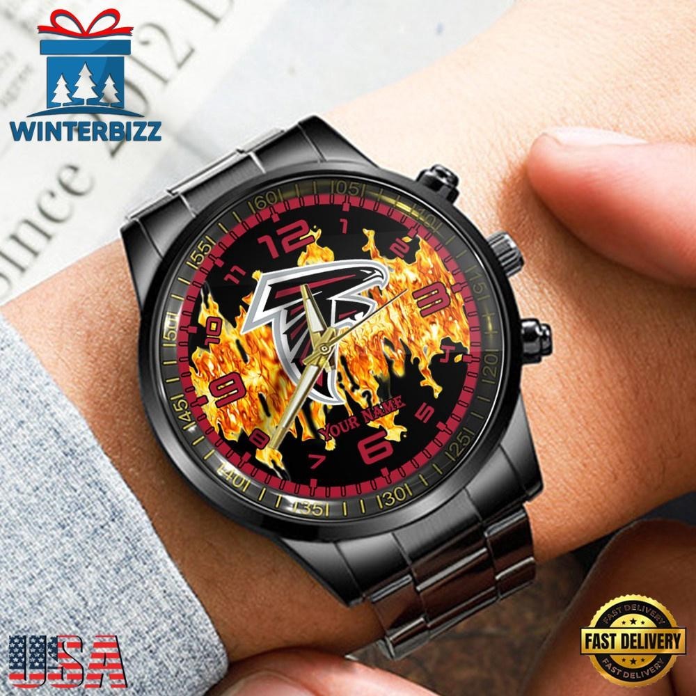 Custom Name Atlanta Football Team Falconss 3D Men Black Stainless Steel Watch