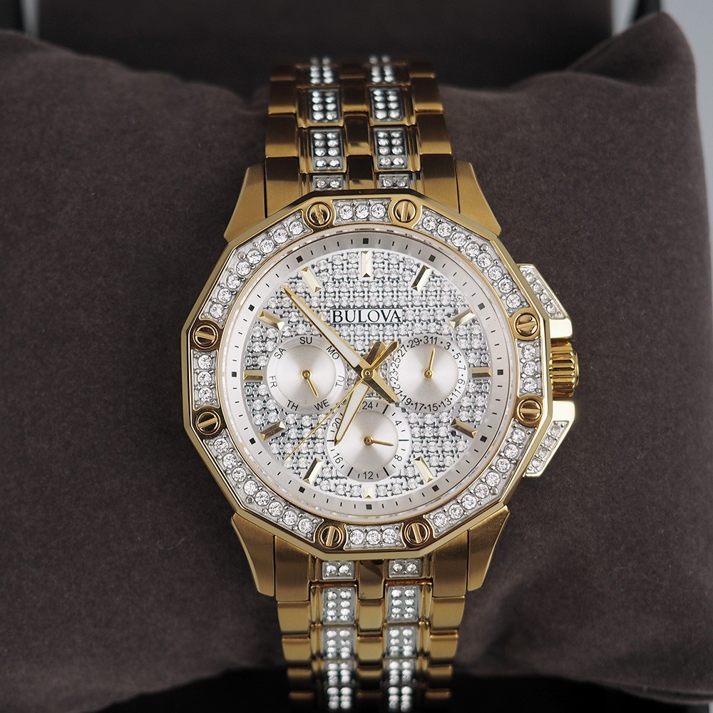 Men’s Bulova Octava Crystal Gemmed Dial Gold Stainless Steel Quartz Watch 98C126