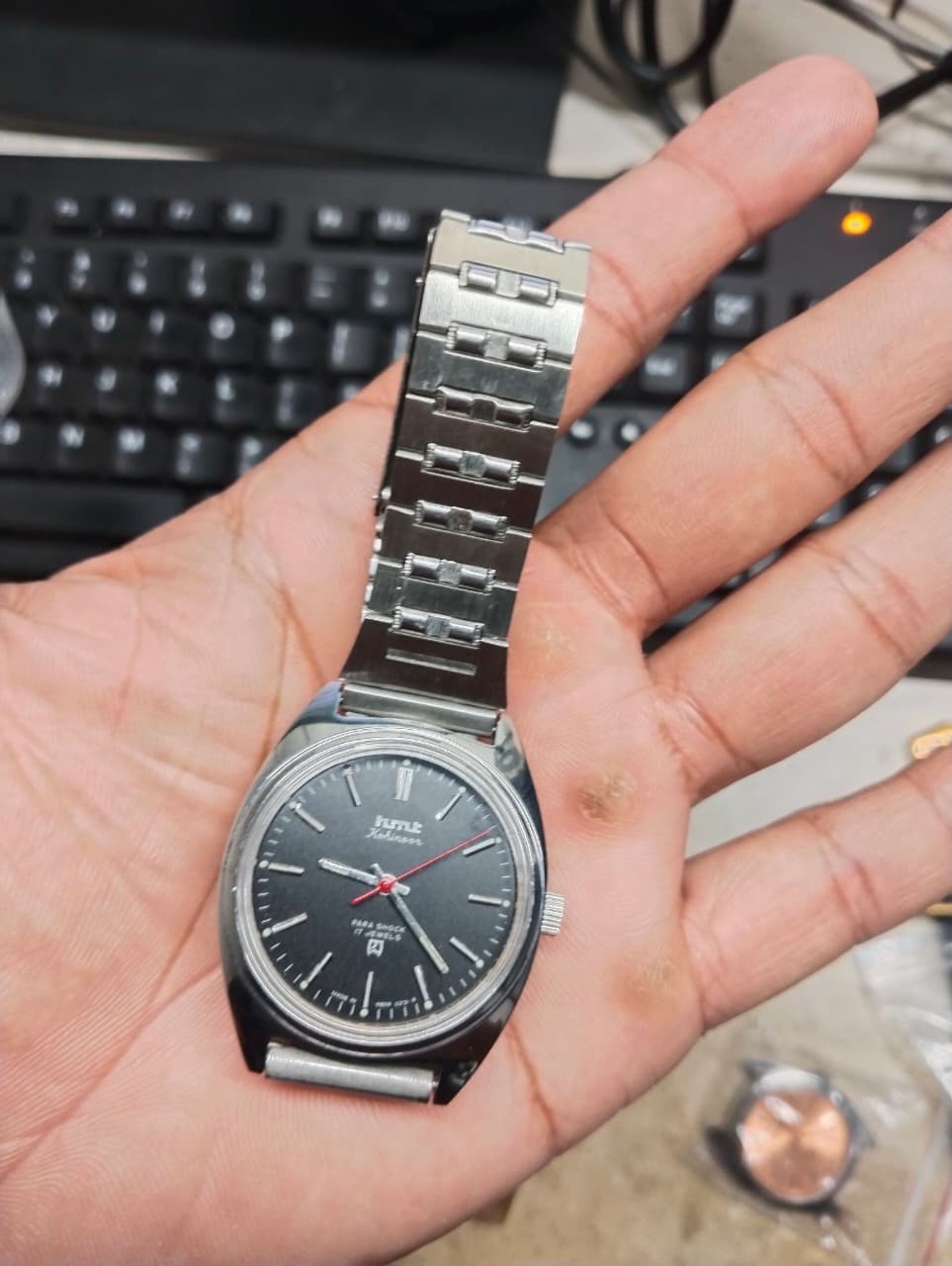 Orignal HMT Mechanical Watch Dial Black Silver Bracelet Strap Hand Winding Mint