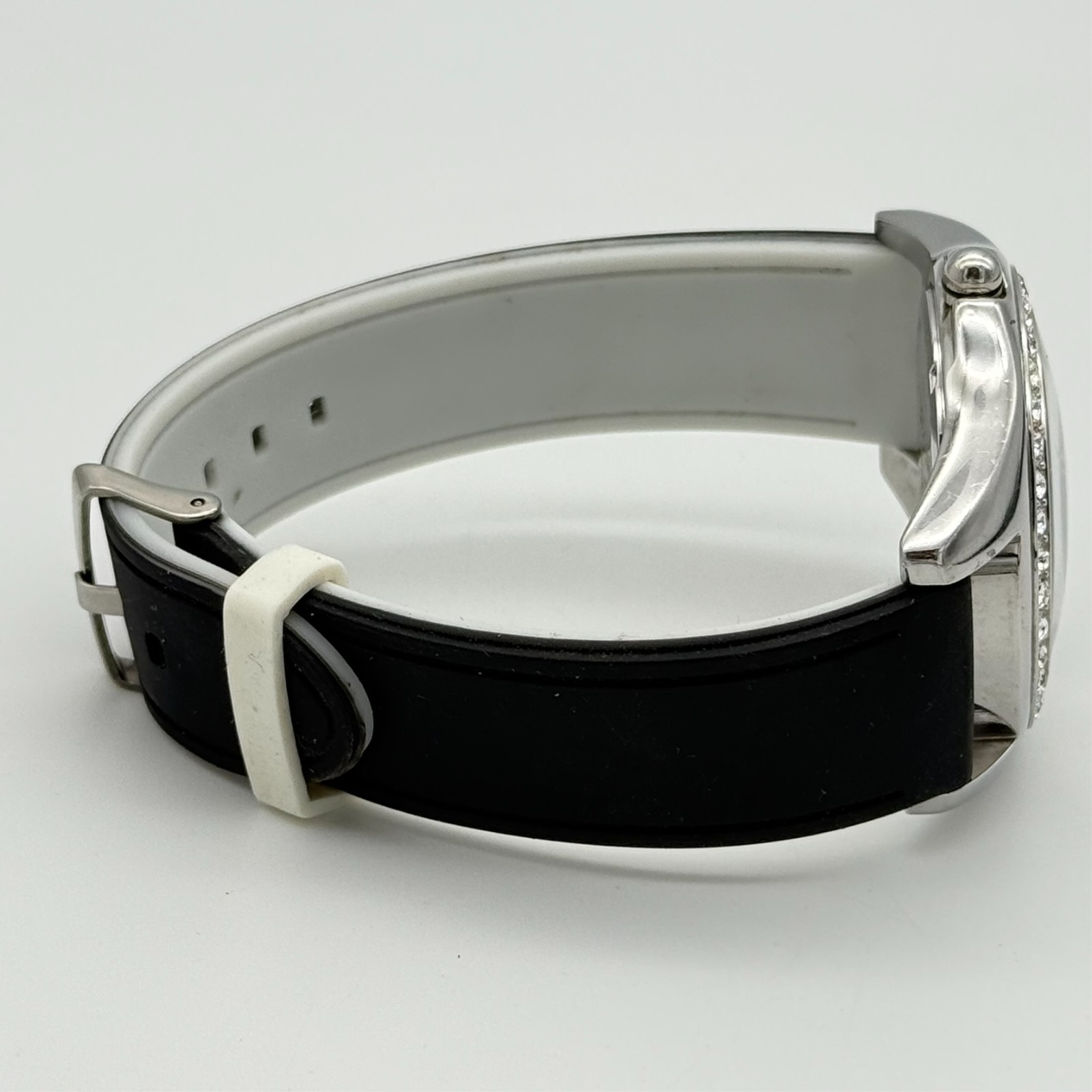 Men’s MARK ECKO Silver Tone Crystal Accent All Steel Watch, Black Silicone, 45mm