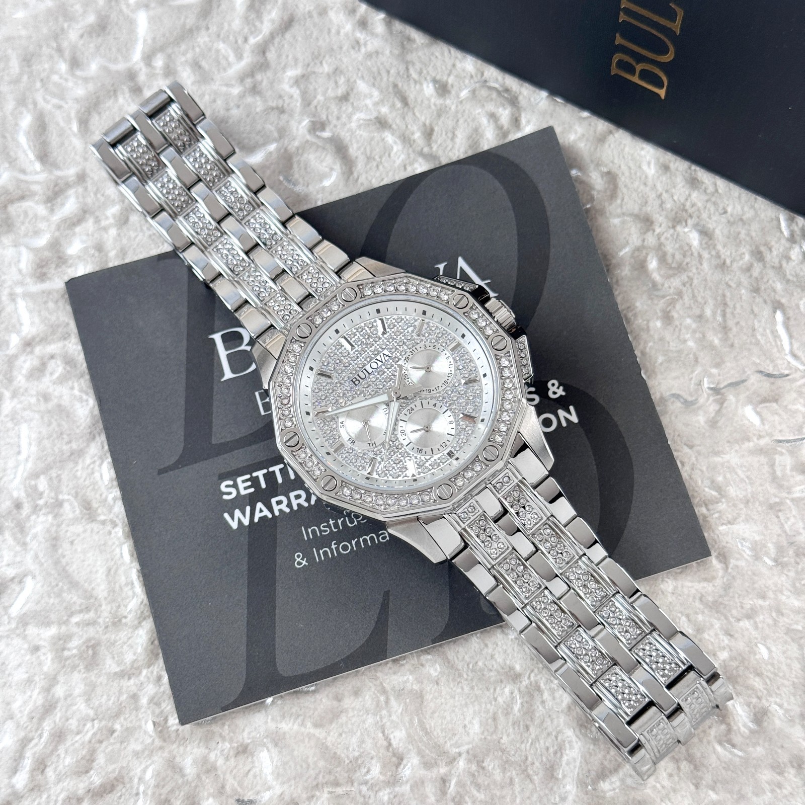 Bulova Octava Silver Pave Crystal Men’s Quartz Chronograph Watch 96C134