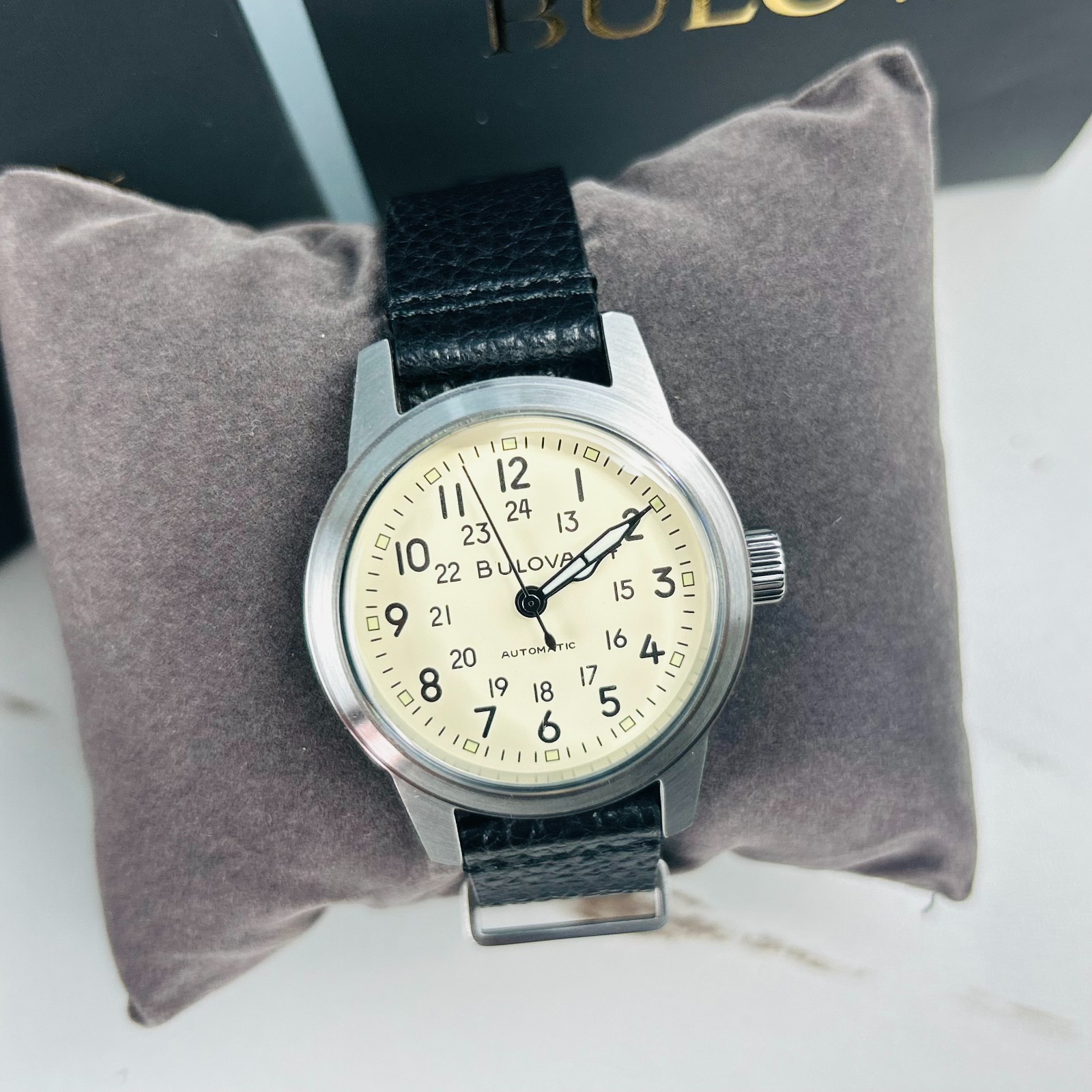 Bulova Men’s Classic Hack Watch 96A246 Ivory Dial Black Leather Automatic Watch