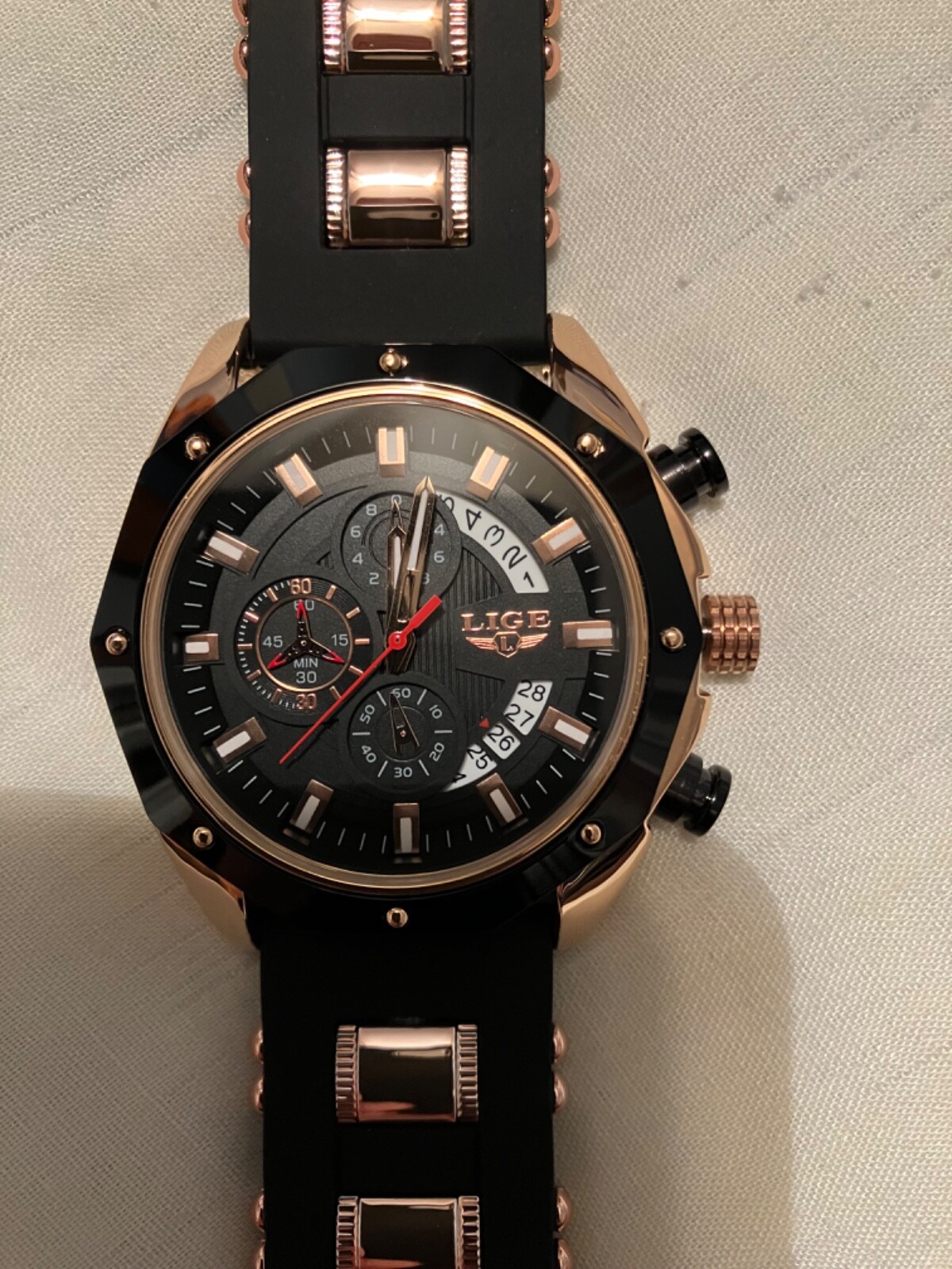 LIGE for dream,6181WM1 , water resistant, chronograph, date 47 mm case,Bl/rubber