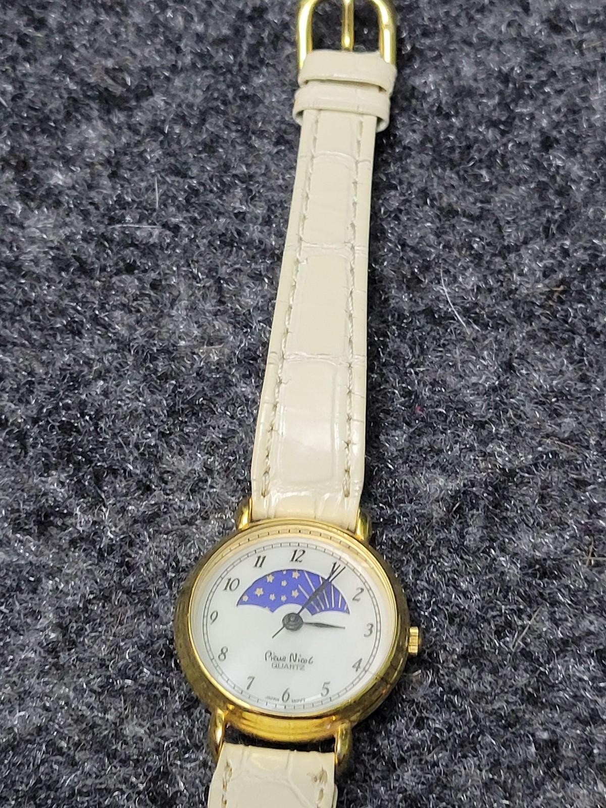 Pierre Nicol Womens Wristwatch Gold Case Beige Faux Leather Strap Quartz
