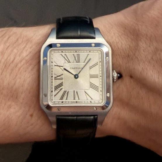 Cartier Santos Quartz Silver Dial Black Leather Strap w/ Box