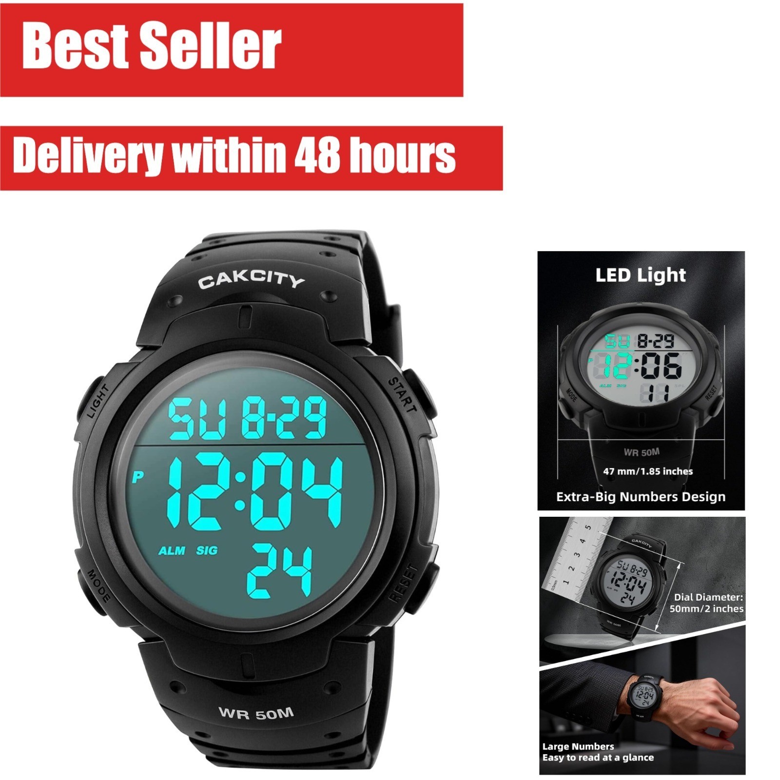 CakCity Men’s Digital Sports Watch 50M Water Resistant Stopwatch Alarm