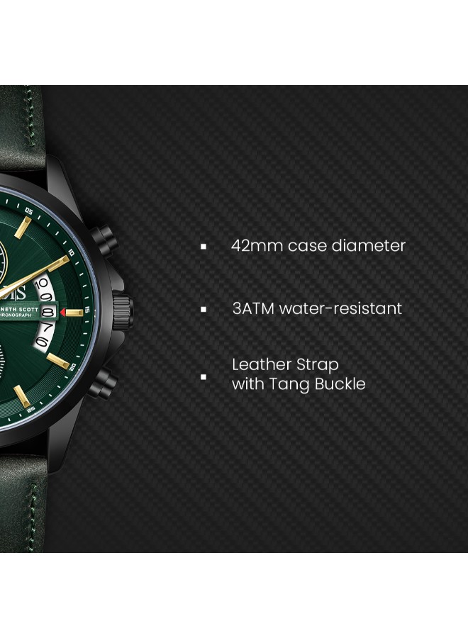 Kenneth Scott Men’s Chronograph Watch | Green Dial, 42mm, 30 m (3 ATM)