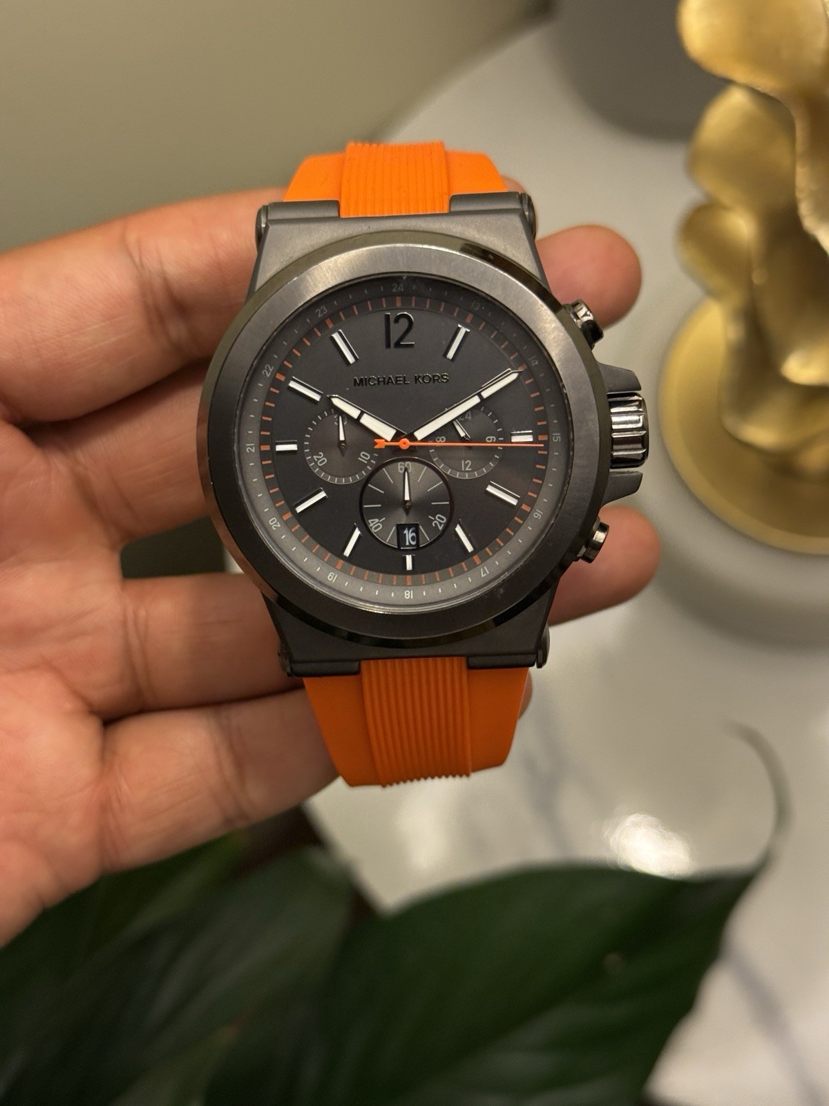 Michael Kors Gray Dial Chronograph Watch with Orange Strap Mens