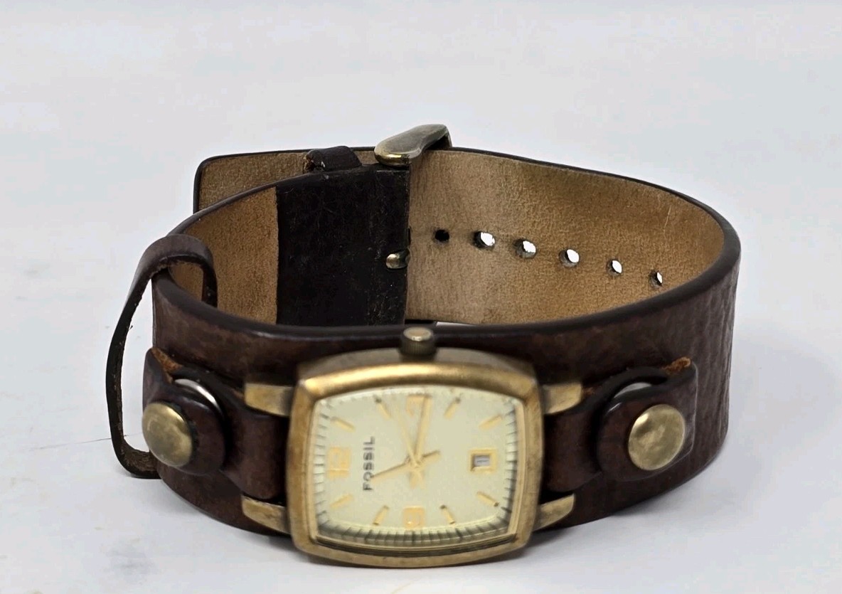 Fossil Women’s Watch Brown Leather Cuff Band White Dial Square Gold Case JR-8874