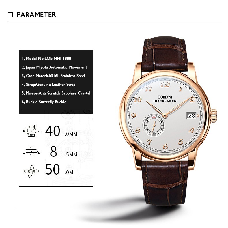 LOBINNI Men Automatic Watch 40mm Mechanical Wristwatch Hangzhou 5000 Micro Rotor