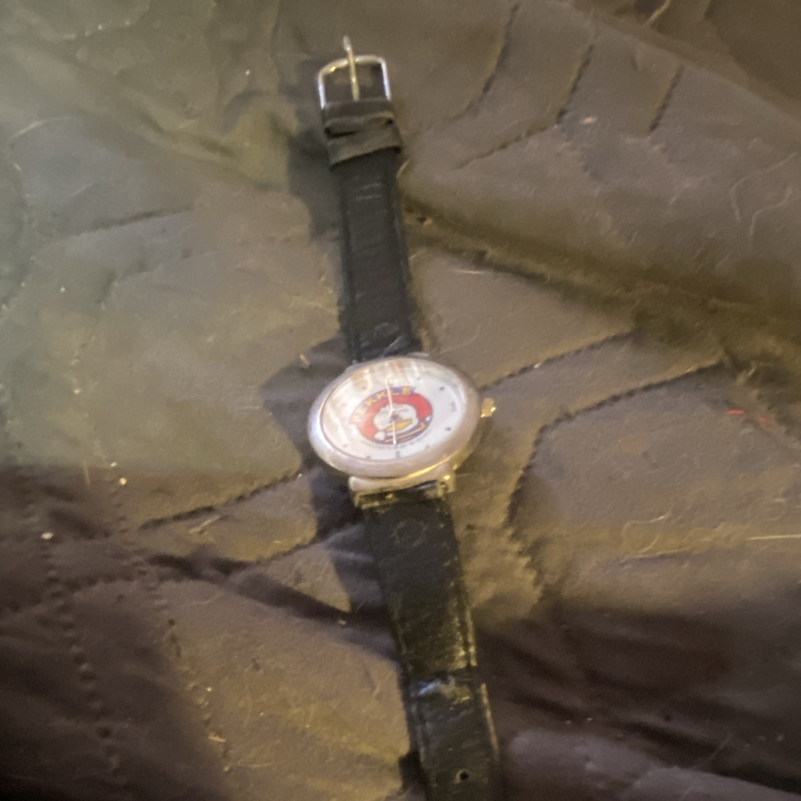 Cartoon Dial Analog Wristwatch White/Multicolor Dial Black Leather Strap