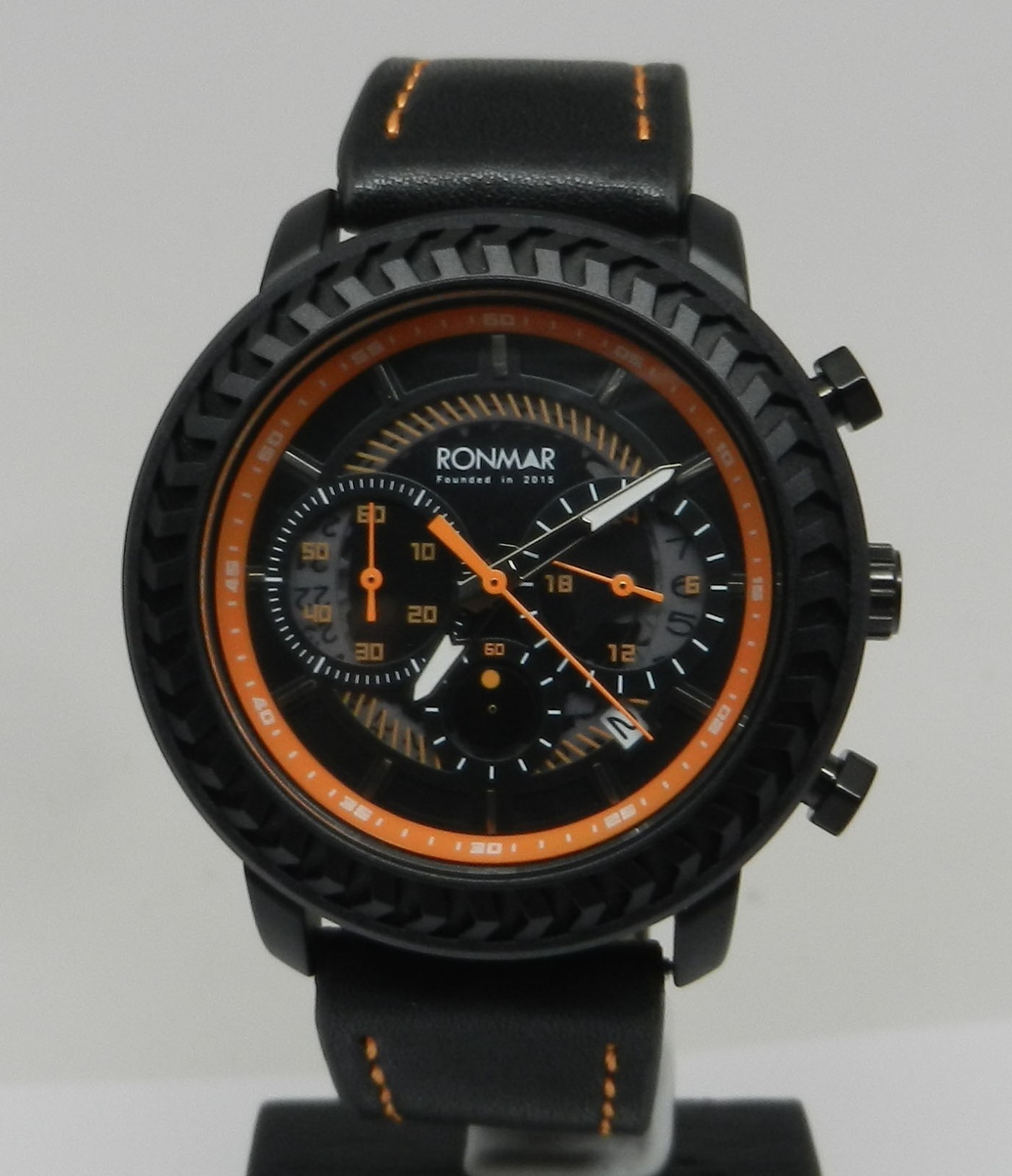 Men’s 44mm Chronograph Date Dial Black Orange With Leather Strap Rugged Watch