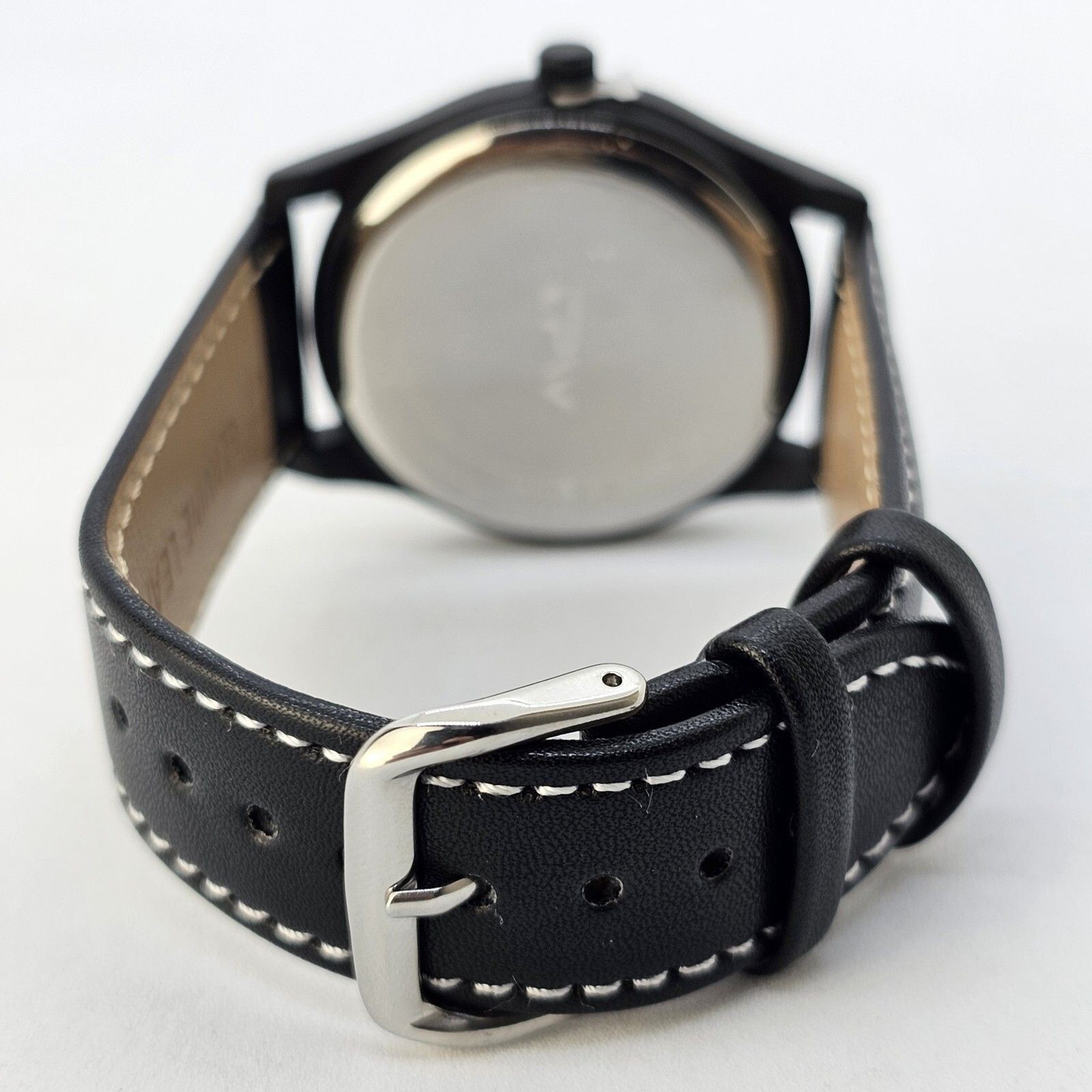 Men’s Field Watch 42MM Large Case Black Dial Black White Leather Band Straps