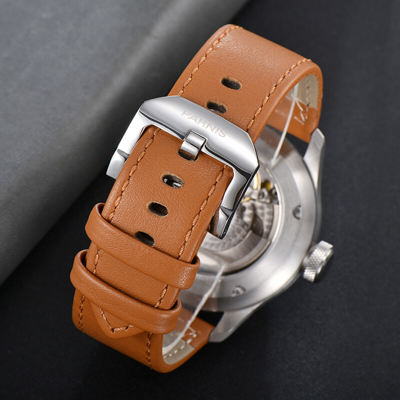 46.5mm Parnis Black with Gray Dial Brown Leather Strap Wrist Watches for Men