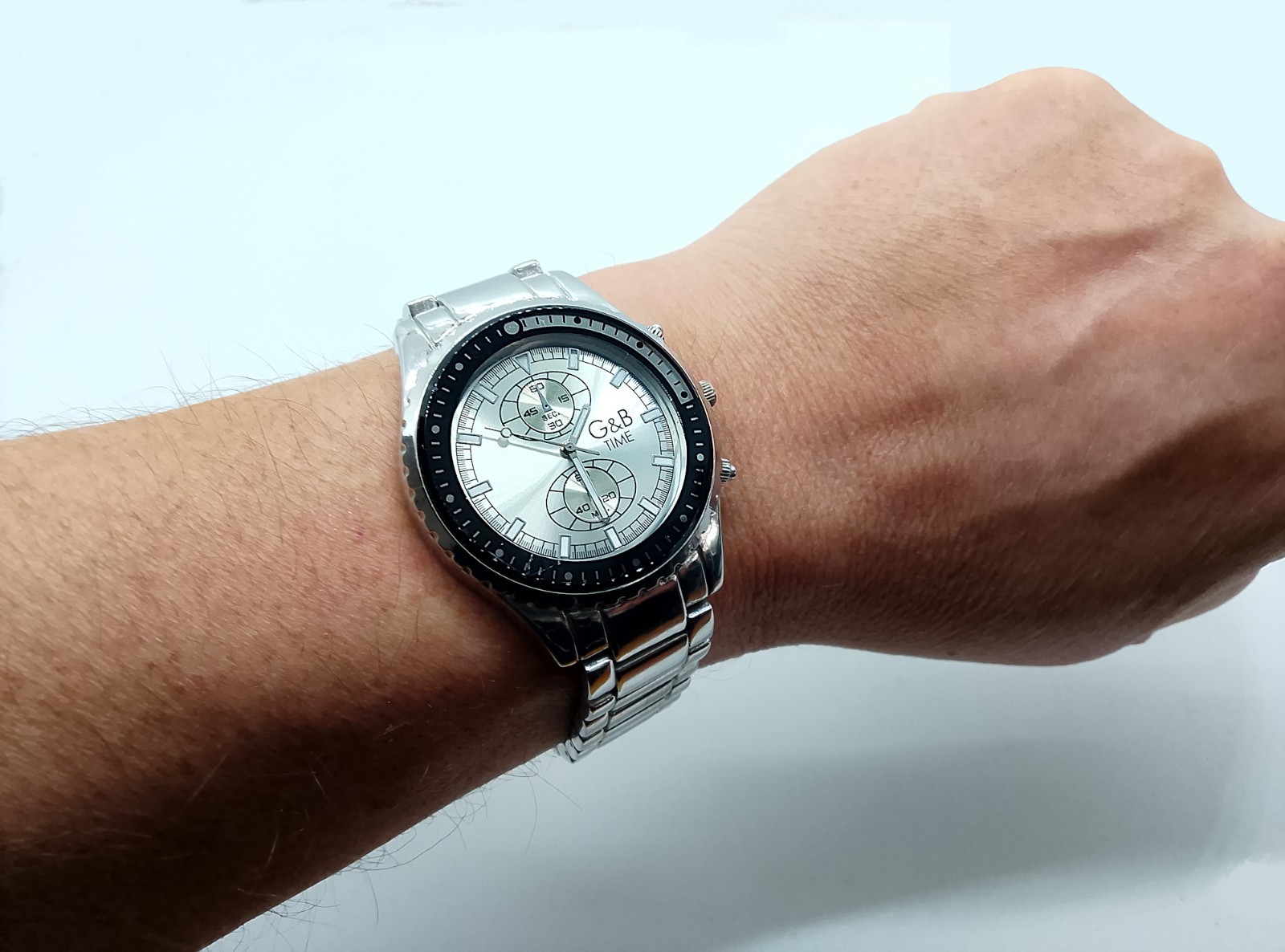 G & B Time Mens Watch Silver Tone Bracelet Folding Clasp Japan Movement