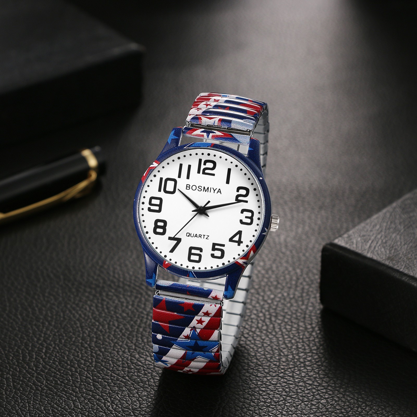 Women Men Boho American flag Easy-Read Elastic Stainless Steel Band Wrist Watch