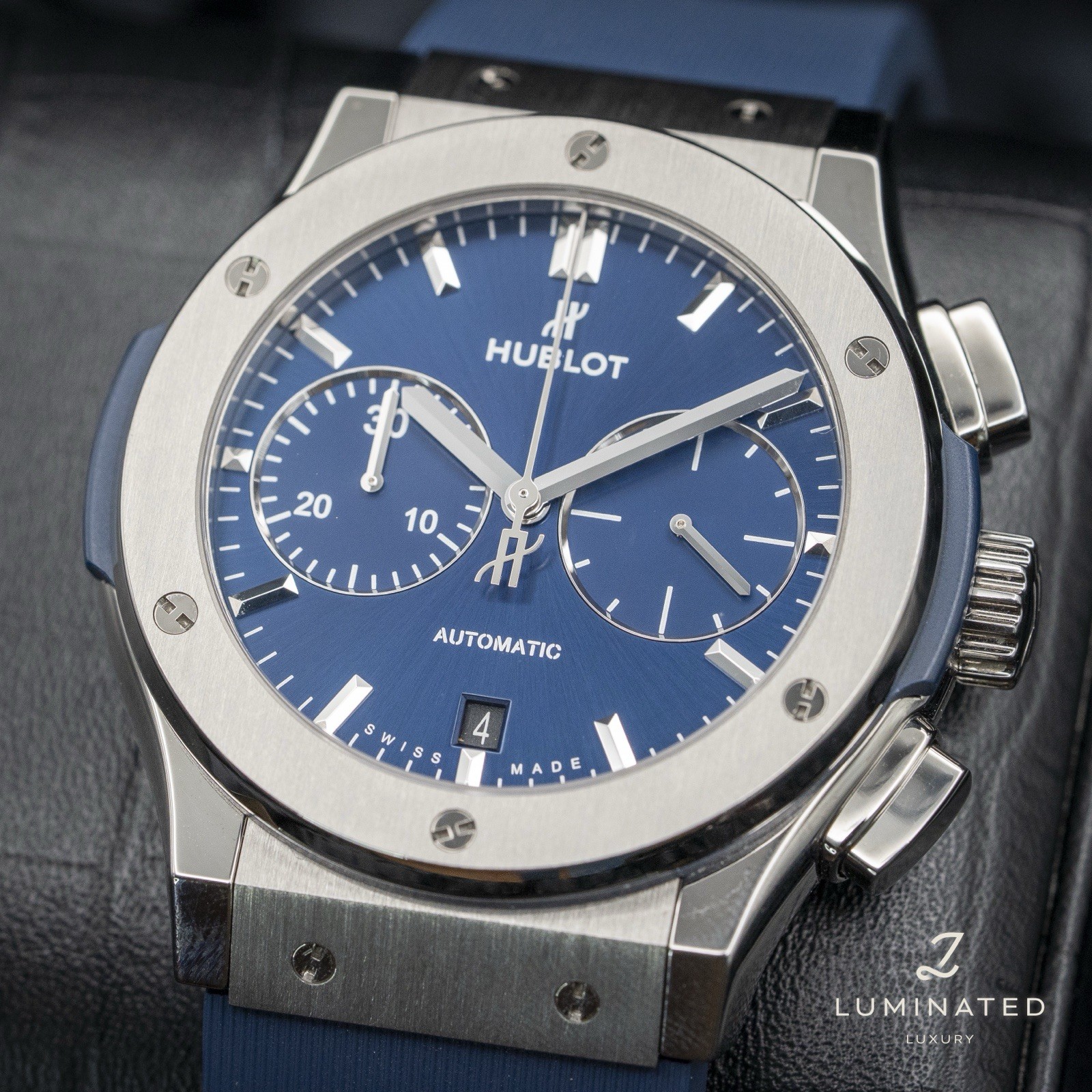 Stunning Hublot Classic Fusion Blue Titanium Chronograph 521.NX.7170.RX