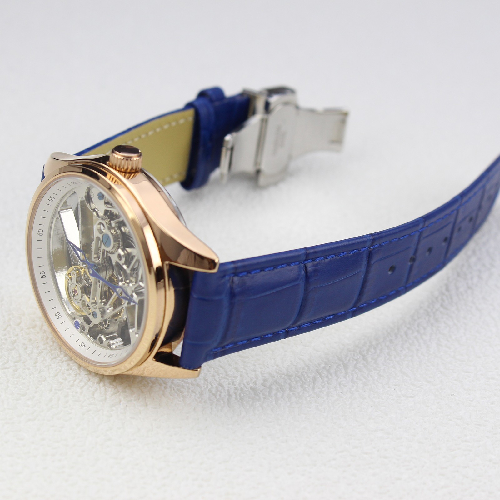 41mm Watch Skeleton Flywheel Bridge Movement Automatic Mechanical Blue
