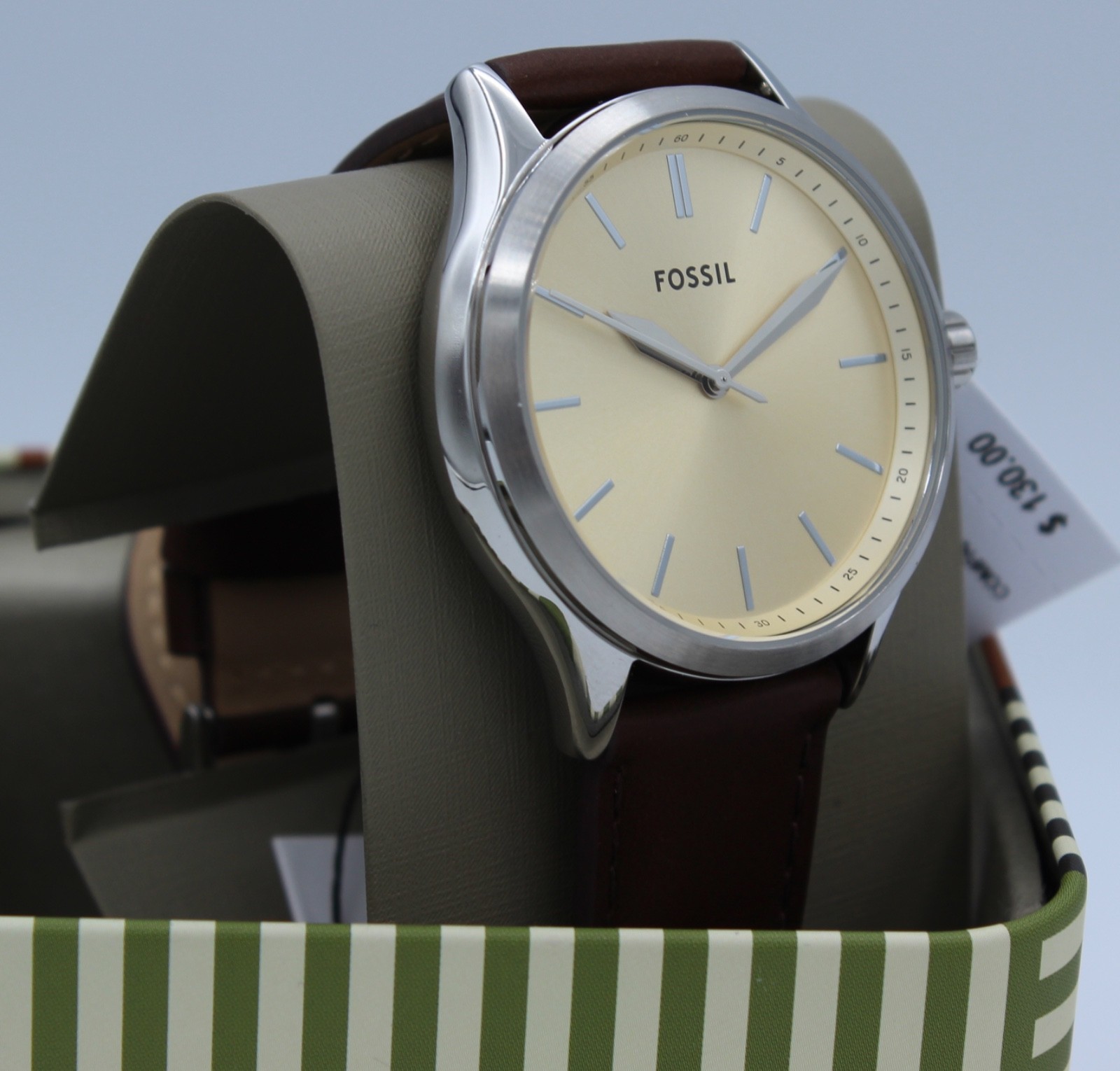 New Authentic Fossil Fenmore Midsize Slim Silver Cream Brown Men’s BQ2865 Watch