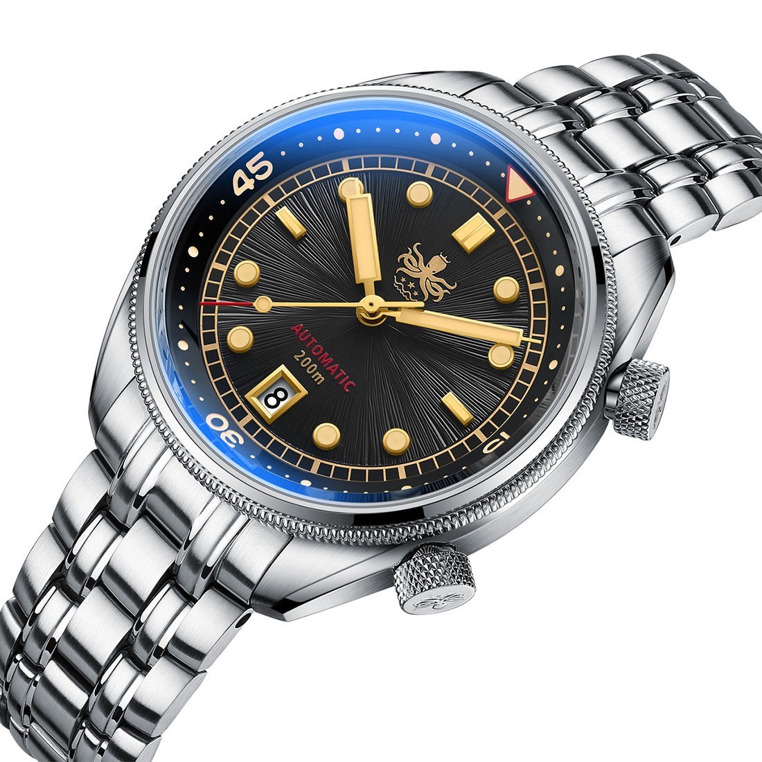 Phoibos EAGLE RAY 200M Steel Automatic Black Sunray Data Diver Men’s Watch