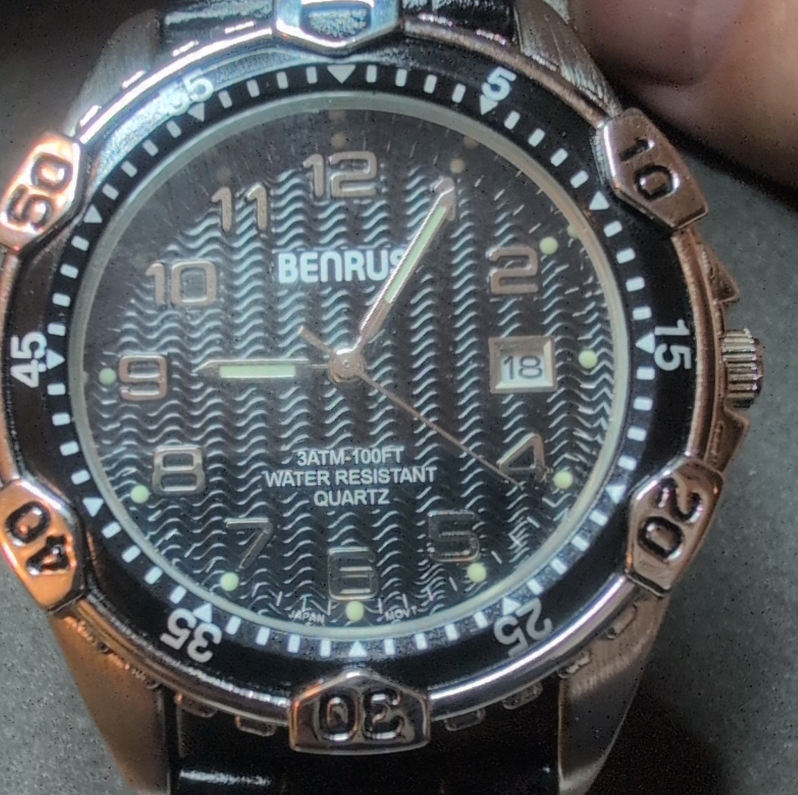 Benrus Men’s Quartz Wristwatch Black Dial Water Resistant Leather Band