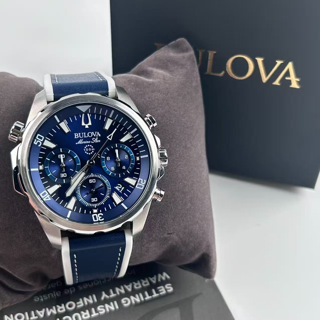 New Bulova Marine Star 96B287 Blue Dial Men’s Chronograph Quartz Watch 43 mm