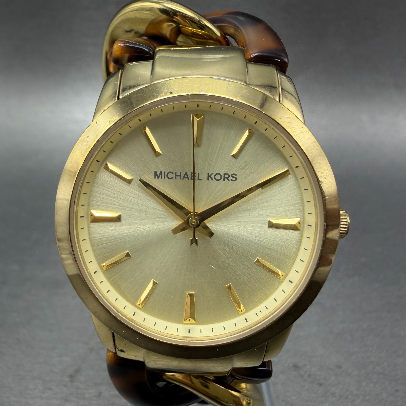 Michael Kors Nini Watch Women 35mm Champagne Dial Gold Tone Tortoise New Batt